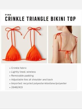 Victoria's secret pink crinkle triangle swim top ORANGE MEDIUM